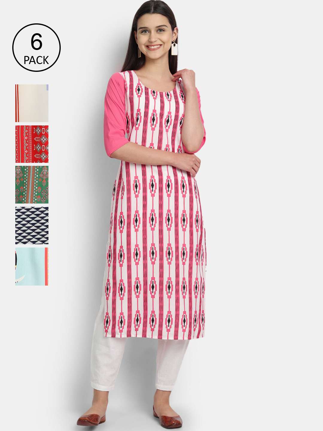 

Ethnic basket Women Pack Of 6 Multicoloured Ethnic Motifs Printed Crepe Kurta, Multi