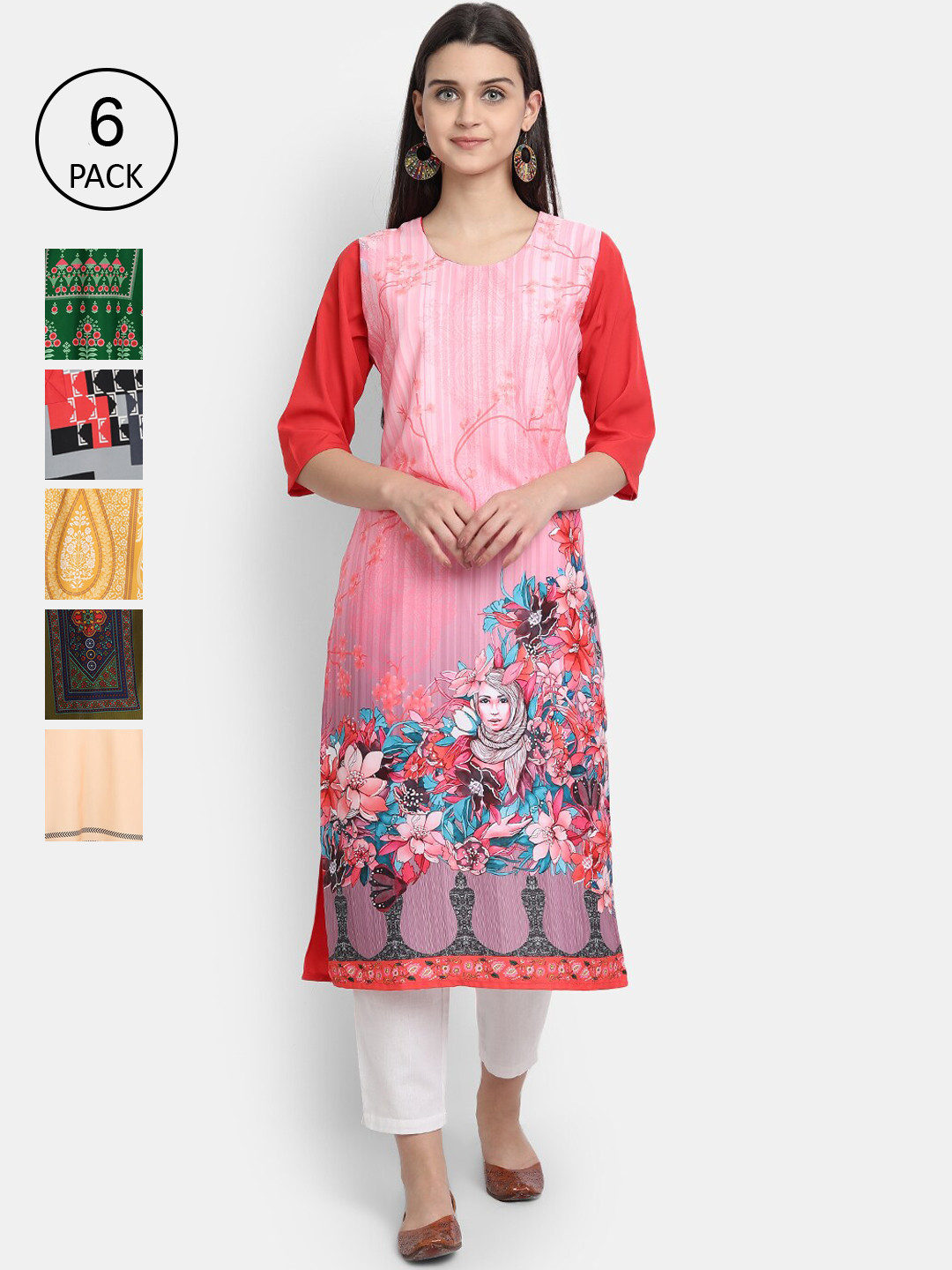 

Ethnic basket Women Pack Of 6 Straight Kurtas, Pink
