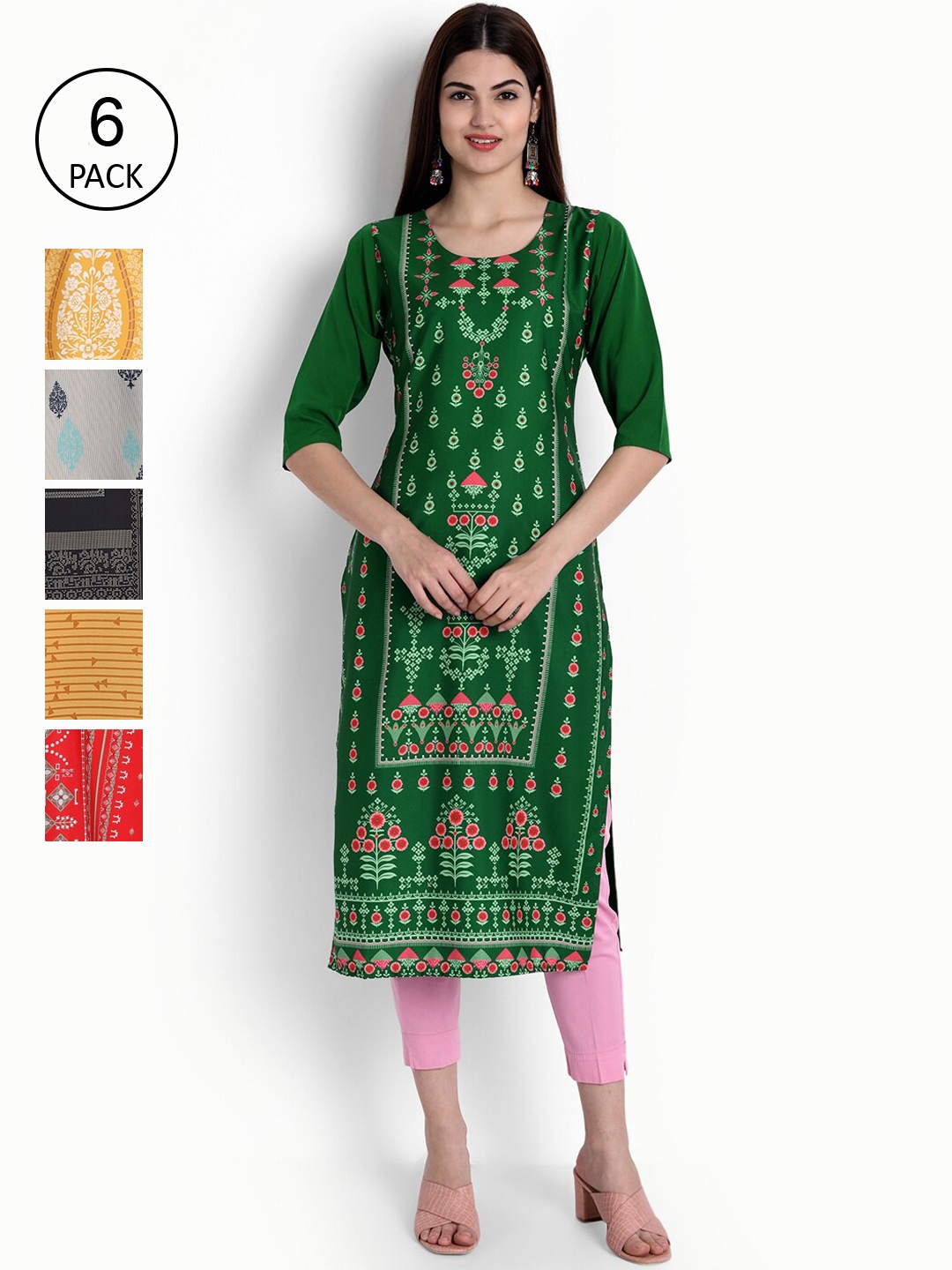 

Ethnic basket Women Pack of 6 Green & Orange Ethnic Motifs Printed Crepe Kurtas