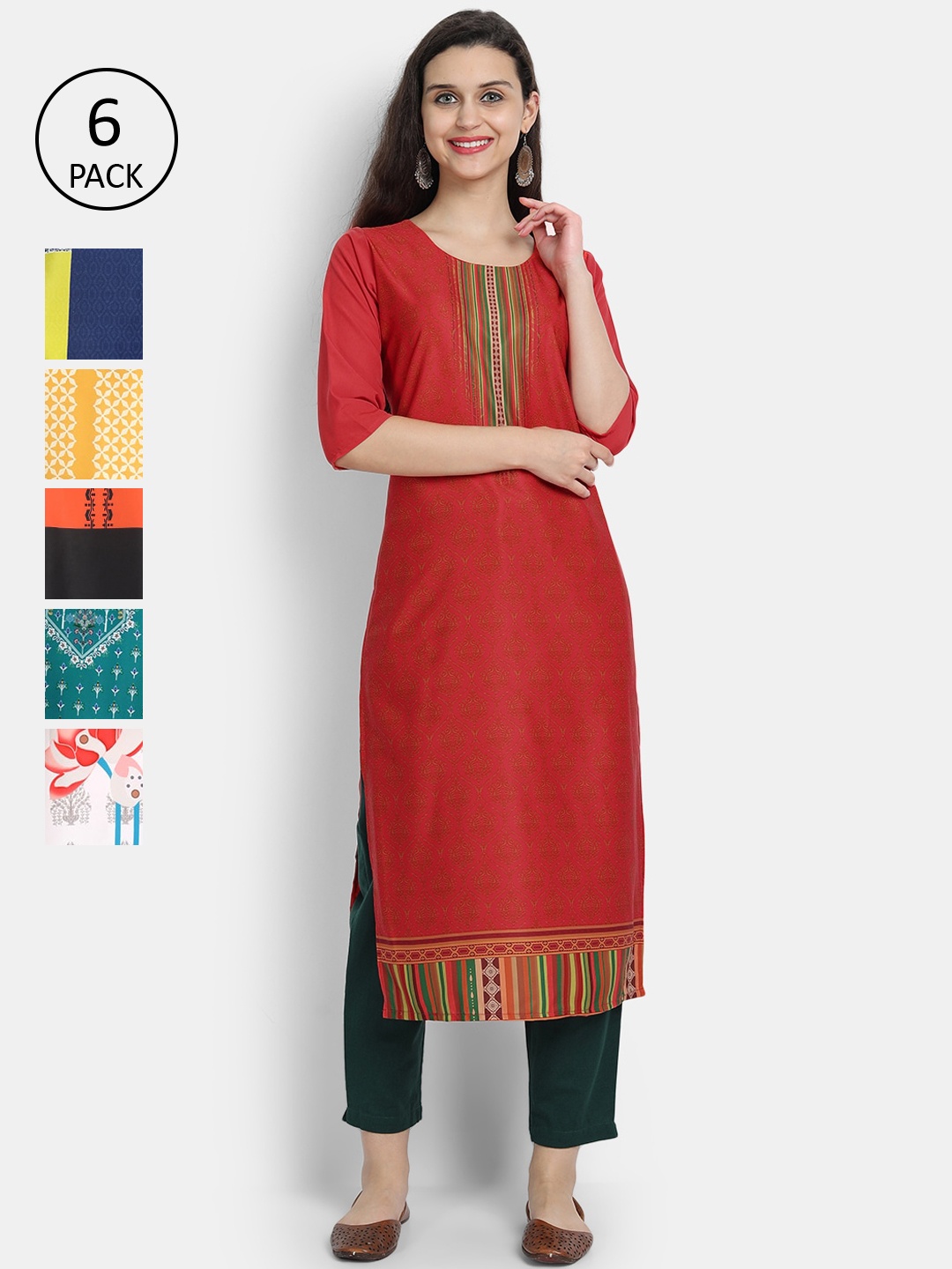 

Ethnic Basket Women Pack Of 6 Digital Print Straight Kurtas, Multi