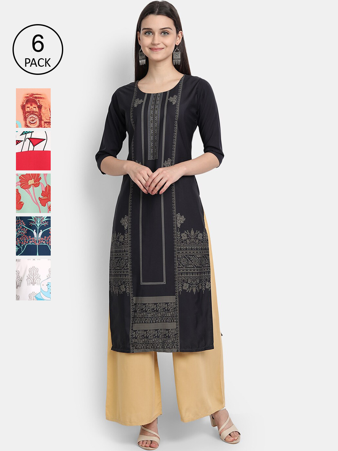 

Ethnic basket Women Pack of 6 Multicoloured Ethnic Motifs Printed Crepe Kurta, Multi
