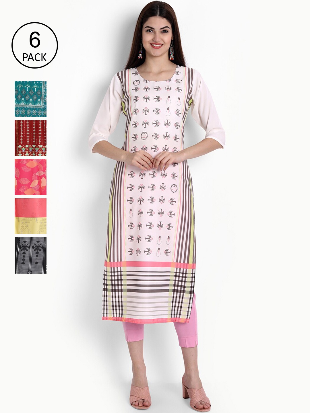 

Ethnic basket Women Black & Pink Ethnic Motifs Printed Crepe Kurta Set Of 6