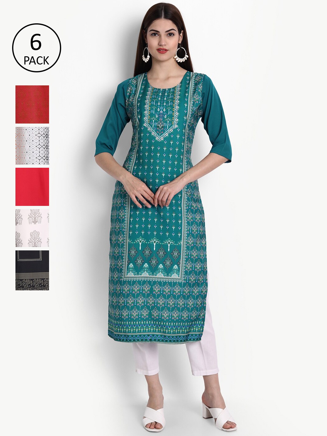 

Ethnic Basket Women Pack Of 6 Digital Print Straight Kurtas, Multi