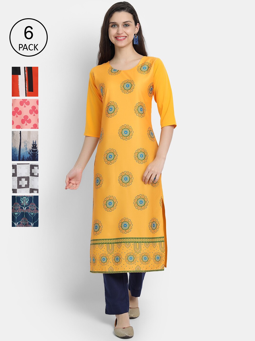 

Ethnic basket Women Pack Of 6 Multicoloured Floral Printed Crepe Kurta, Multi