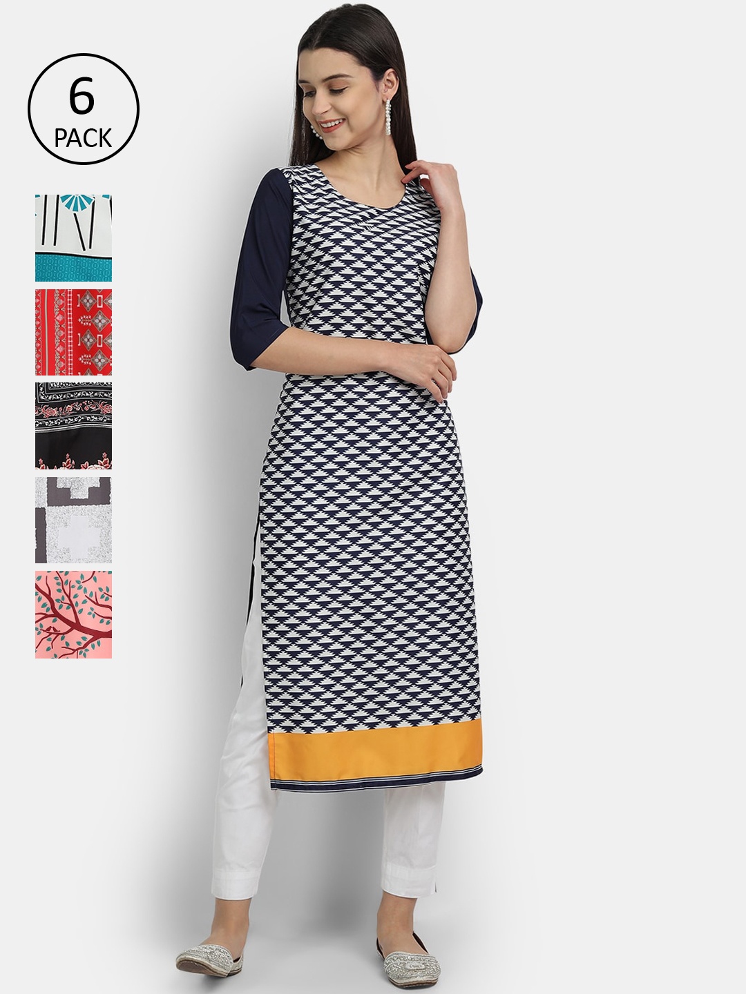 

Ethnic Basket Women Pack Of 6 Digital Print Straight Kurtas, Multi