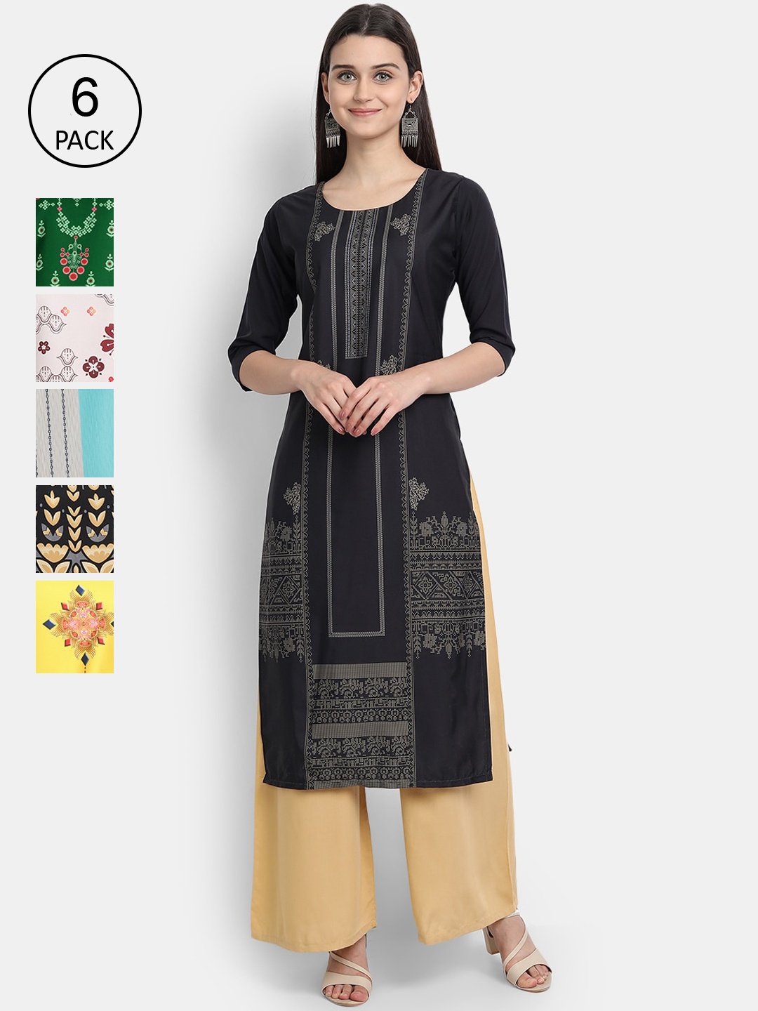 

Ethnic basket Women Black & Green Floral Printed Crepe Kurta Set Of 6
