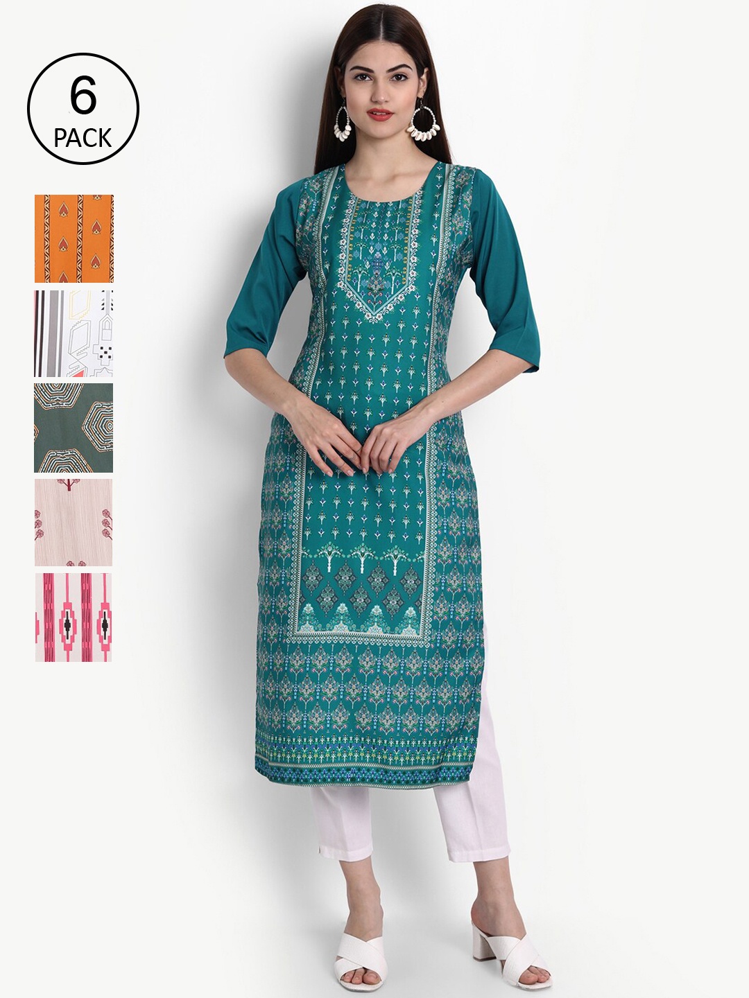 

Ethnic basket Pack Of 6 Ethnic Motifs Printed Crepe Kurta, Blue
