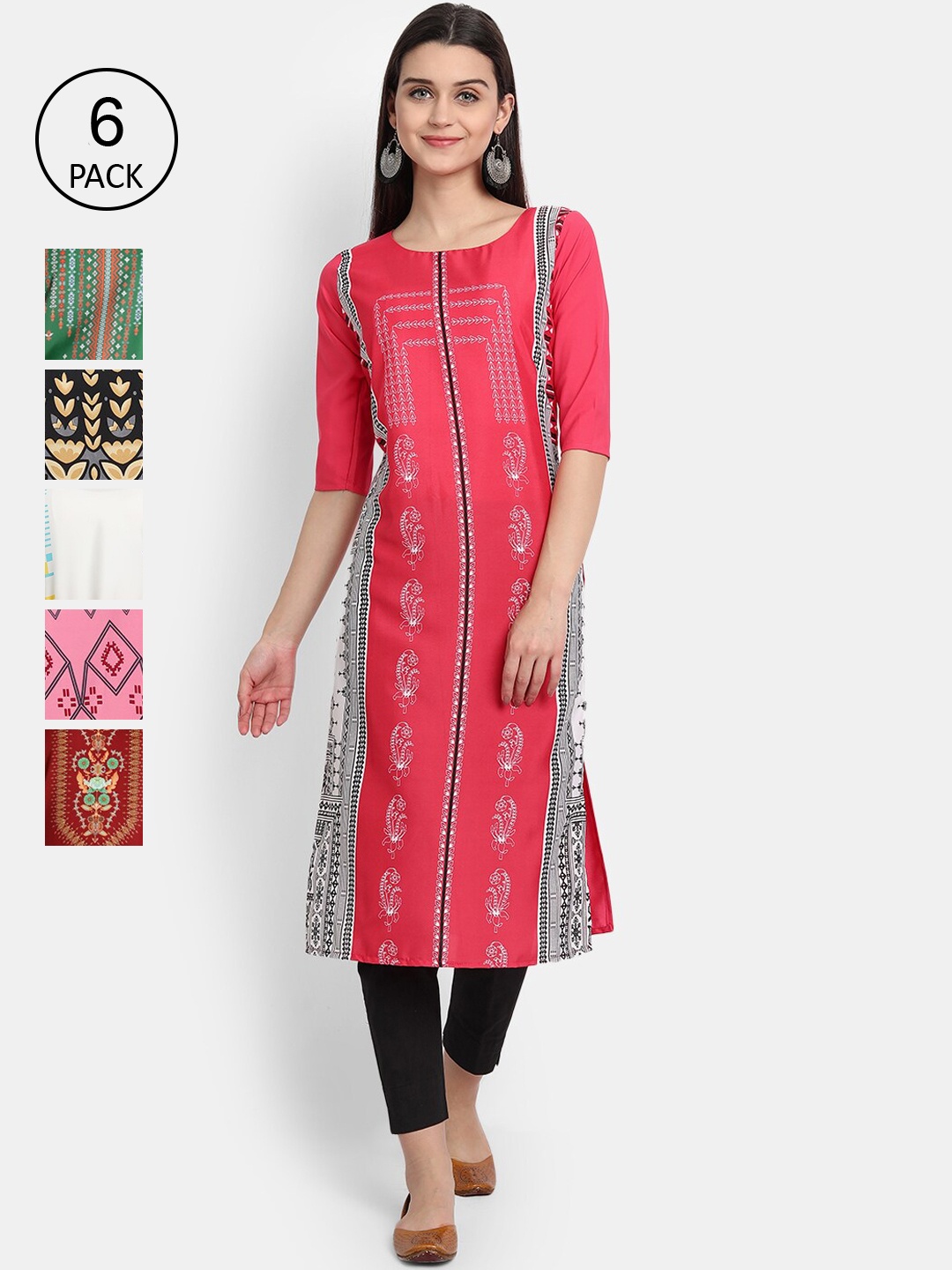 

Ethnic basket Women Pack of 6 Multicoloured Ethnic Motifs Printed Mirror Work Crepe Kurta, Multi