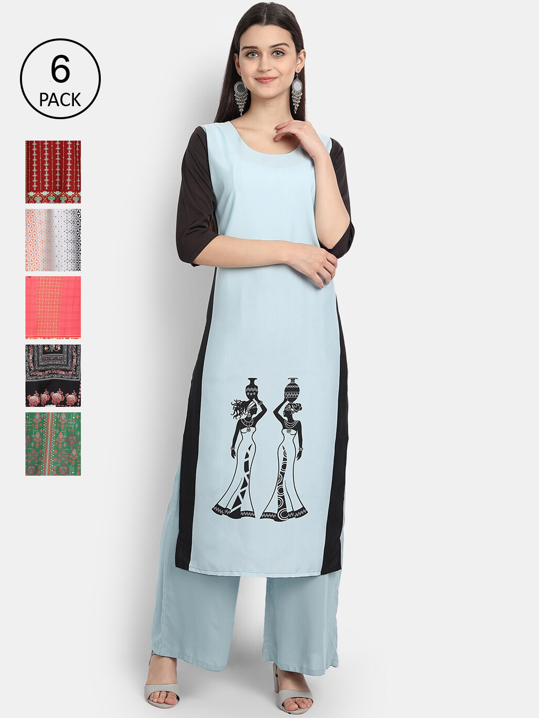 

Ethnic basket Women Pack Of 6 Digital Print Straight Kurtas, Multi
