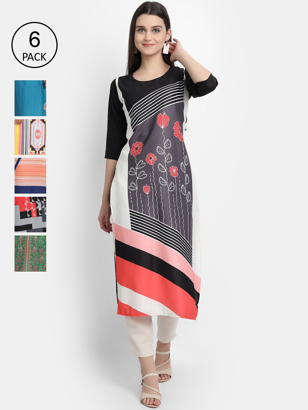 

Ethnic basket Women Pack of 6 Black & Blue Ethnic Motifs Printed Crepe Kurtas