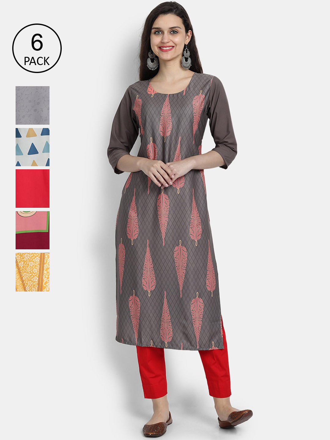 

Ethnic basket Women Pack Of 6 Digital Printed Crepe Kurta, Grey