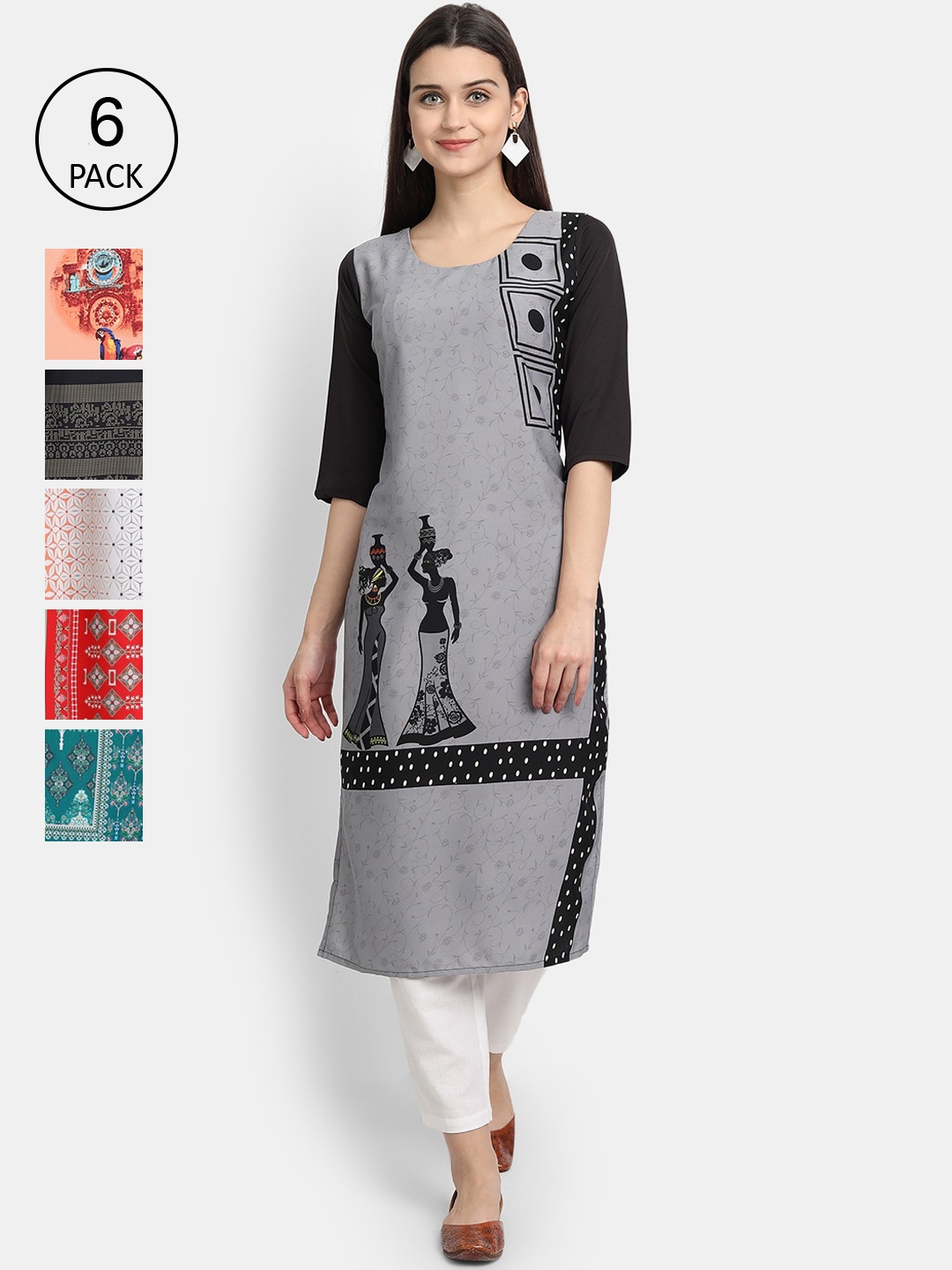 

Ethnic basket Women Pack of 6 Digital Printed Straight Kurtas, Grey