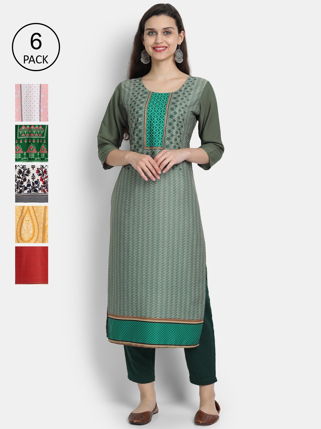 

Ethnic basket Women Pack of 6 Ethnic Motifs Printed Crepe Kurta, Green