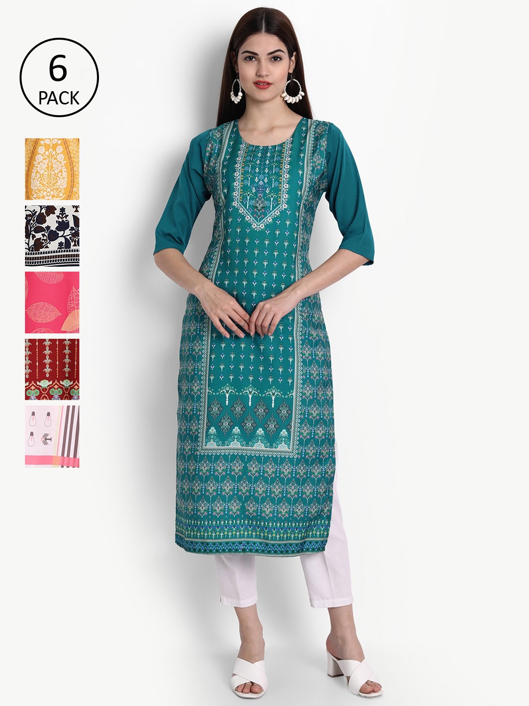 

Ethnic basket Women Pack Of 6 Multicoloured Ethnic Motifs Printed Crepe Kurta, Multi