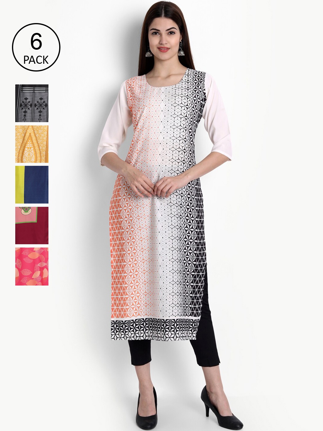 

Ethnic basket Women Pack Of 6 Multicoloured Ethnic Motifs Printed Crepe Kurta, Multi