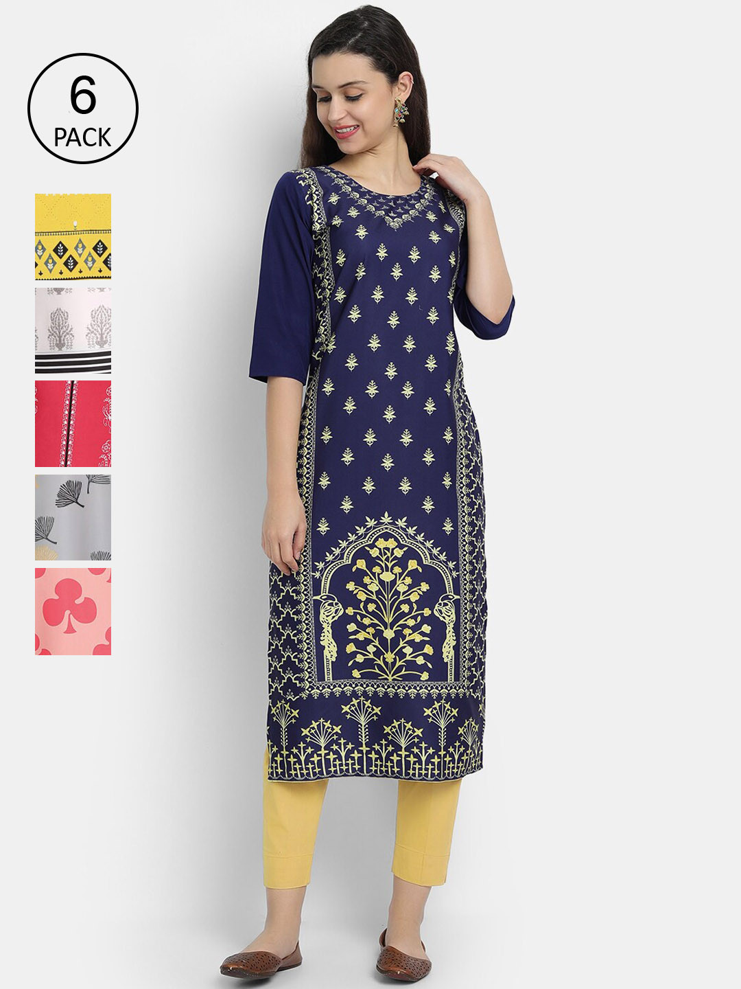 

Ethnic basket Women Pack Of 6 Multicoloured Ethnic Motifs Printed Crepe Kurta, Multi