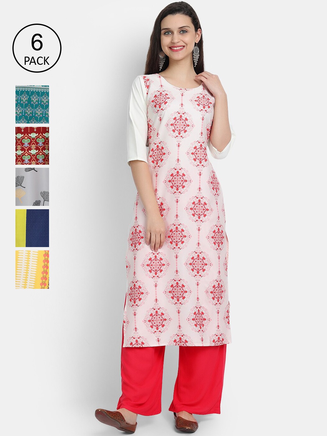 

Ethnic basket Women Pack Of 6 Multicoloured Floral Printed Crepe Kurta, Multi