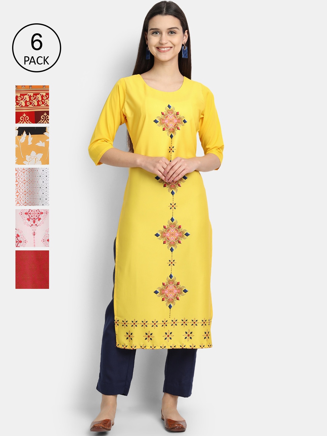 

Ethnic basket Women Pack Of 6 Straight Kurtas, Yellow