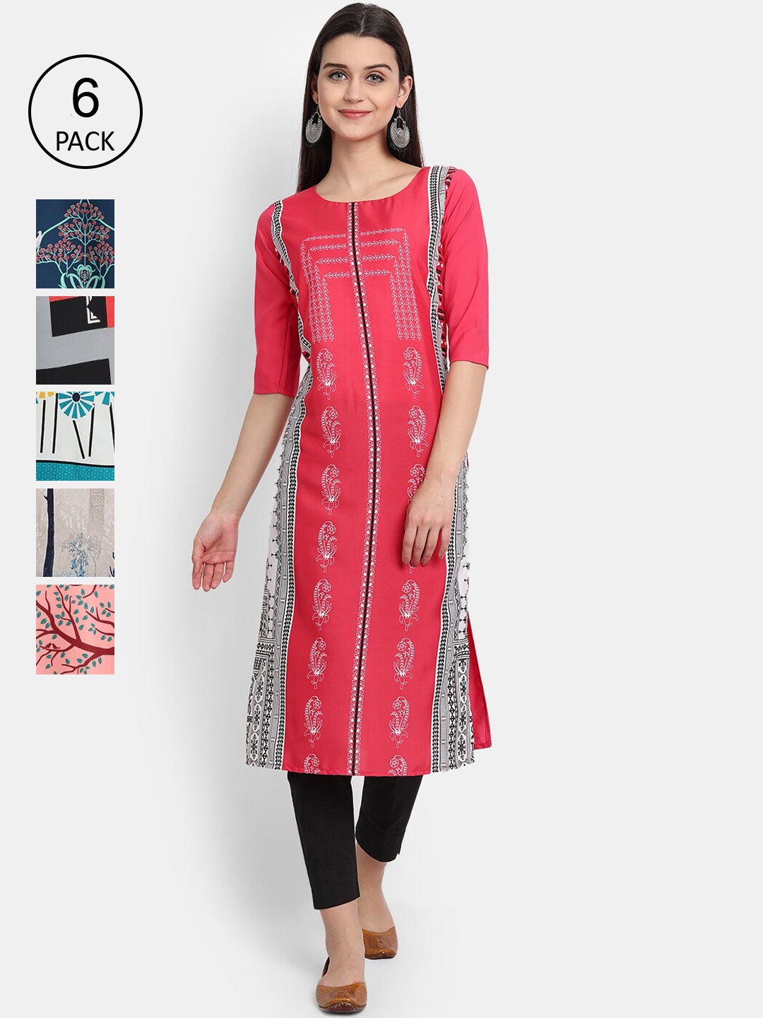 

Ethnic basket Women Pack of 6 Multicoloured Floral Printed Crepe Kurta, Multi