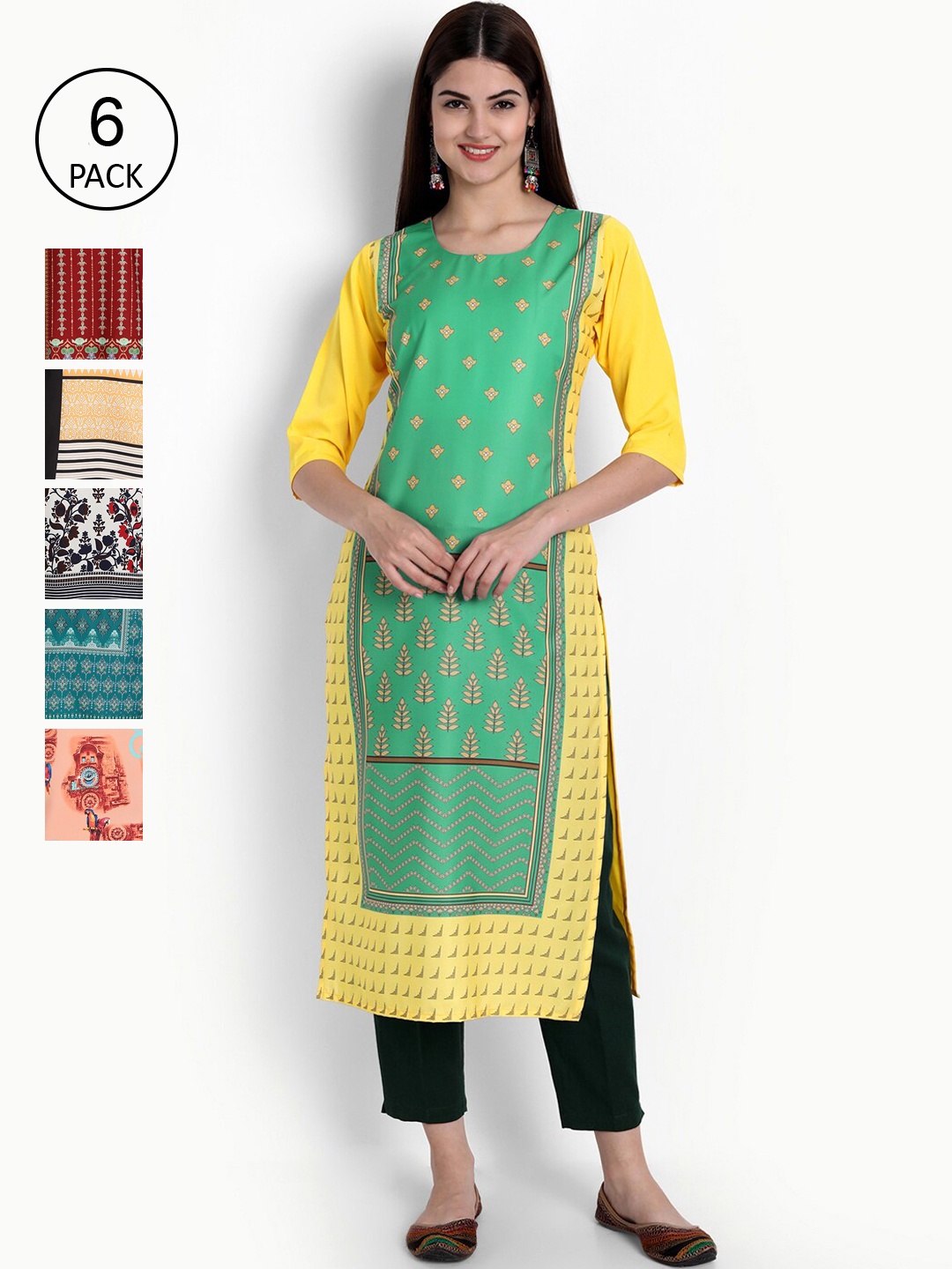

Ethnic basket Women Set Of 6 Red & Green Floral Printed Crepe Kurta