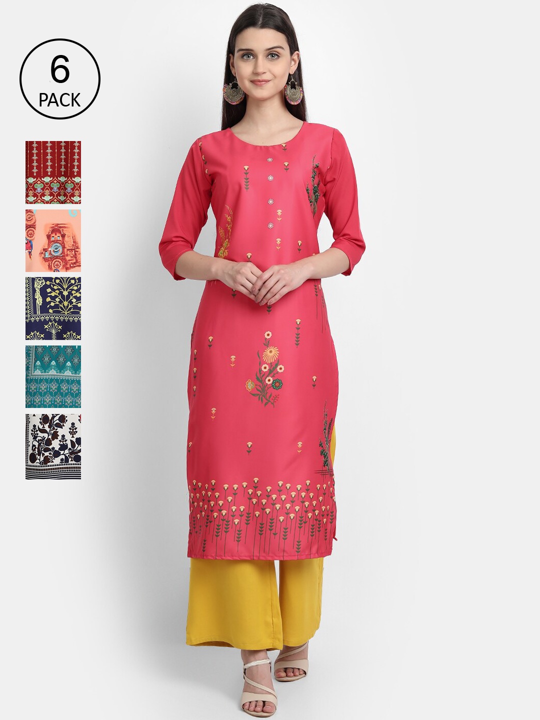 

Ethnic Basket Women Pack Of 6 Digital Print Straight Kurtas, Multi