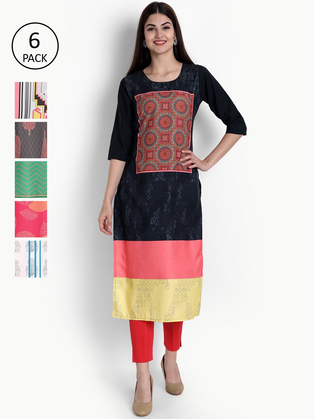 

Ethnic basket Women Pack Of 6 Straight Kurtas, Black