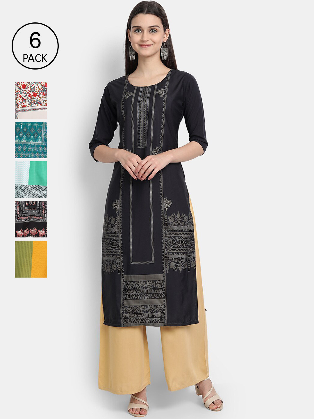 

Ethnic basket Women Black & Yellow Geometric Printed Crepe Kurta Set Of 6
