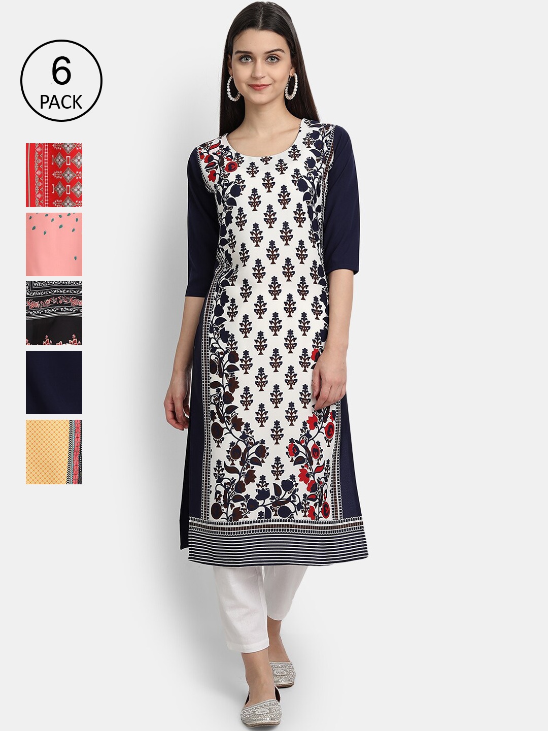 

Ethnic basket Women Pack of 6 Digital Printed Straight Kurtas, White