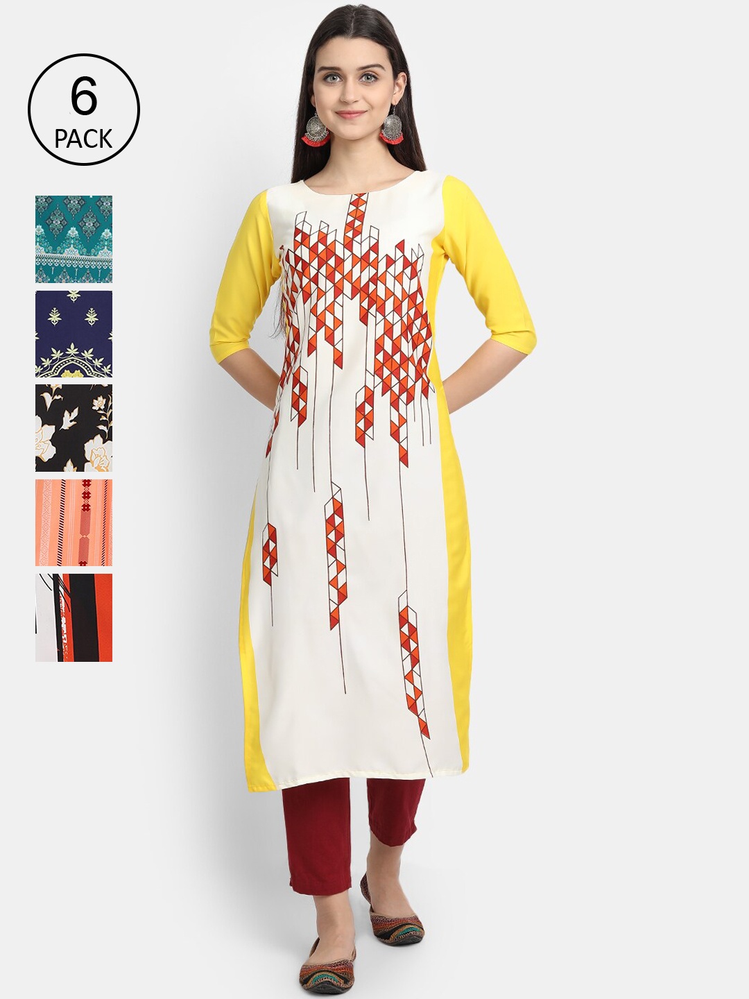 

Ethnic basket Women Pack of 6 Multicoloured Floral Printed Crepe Kurta, Multi