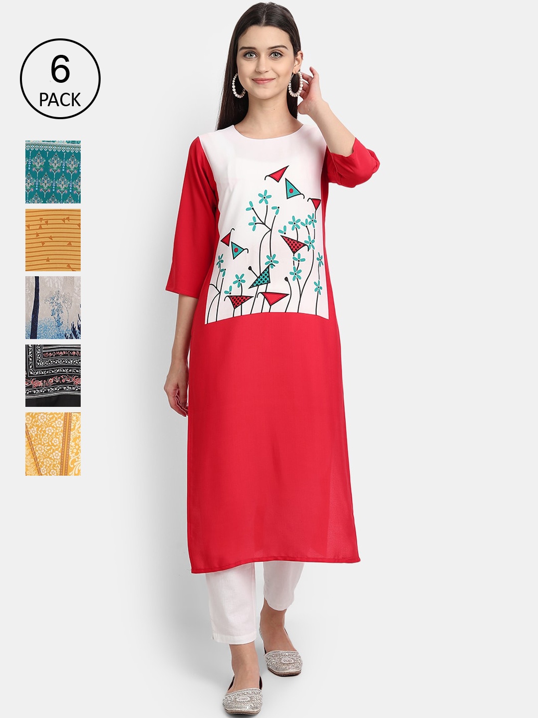 

Ethnic basket Women Pack Of 6 Multicoloured Ethnic Motifs Printed Crepe Kurta, Multi