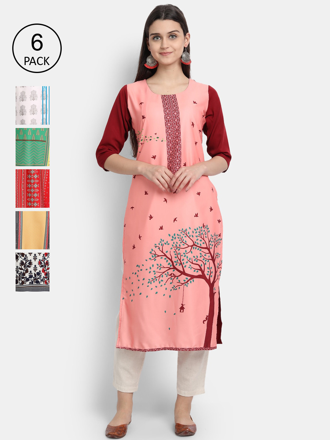 

Ethnic basket Women Pack Of 6 Straight Kurtas, Green