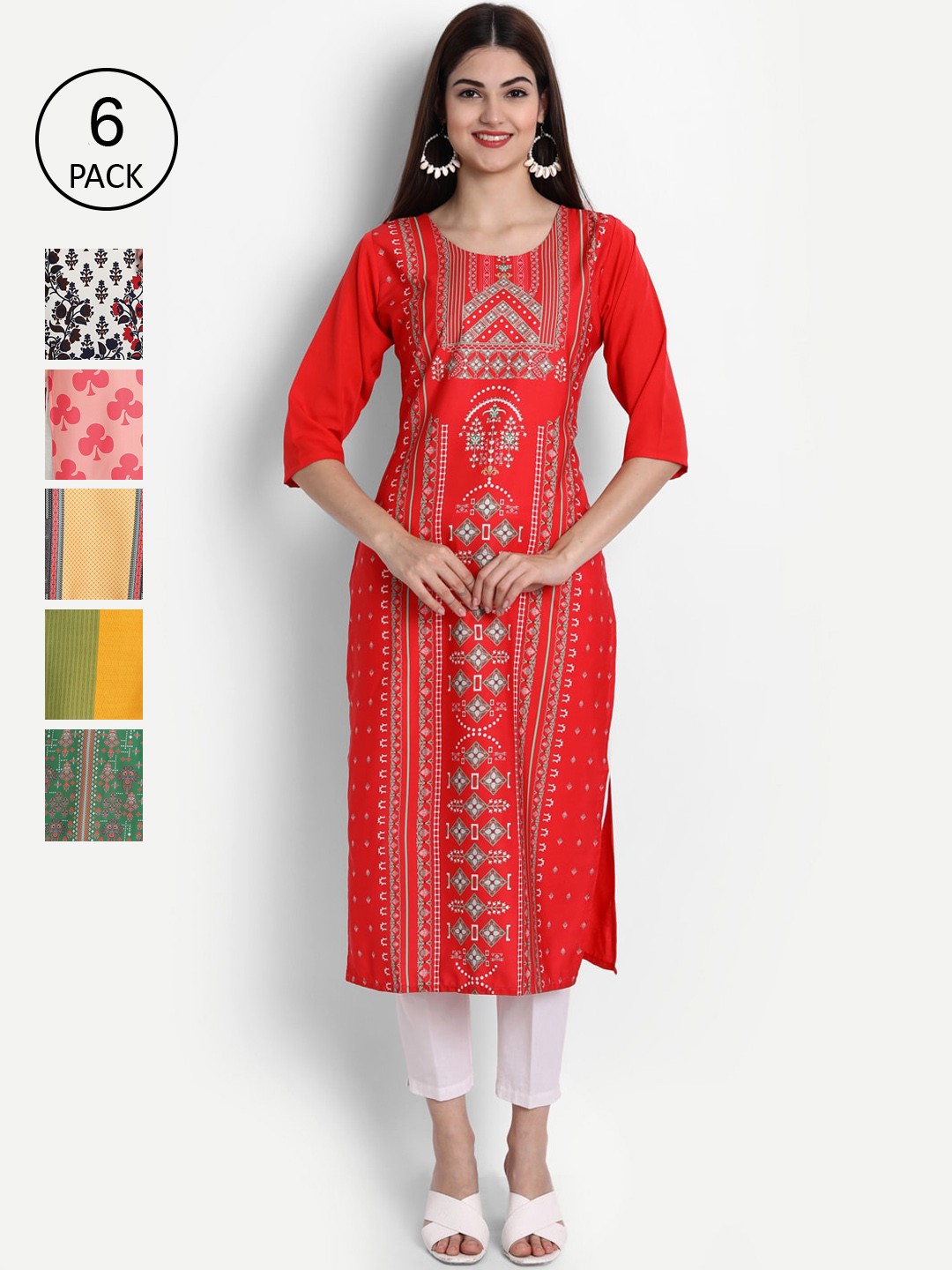 

Ethnic basket Women Pack Of 6 Straight Kurtas, Red