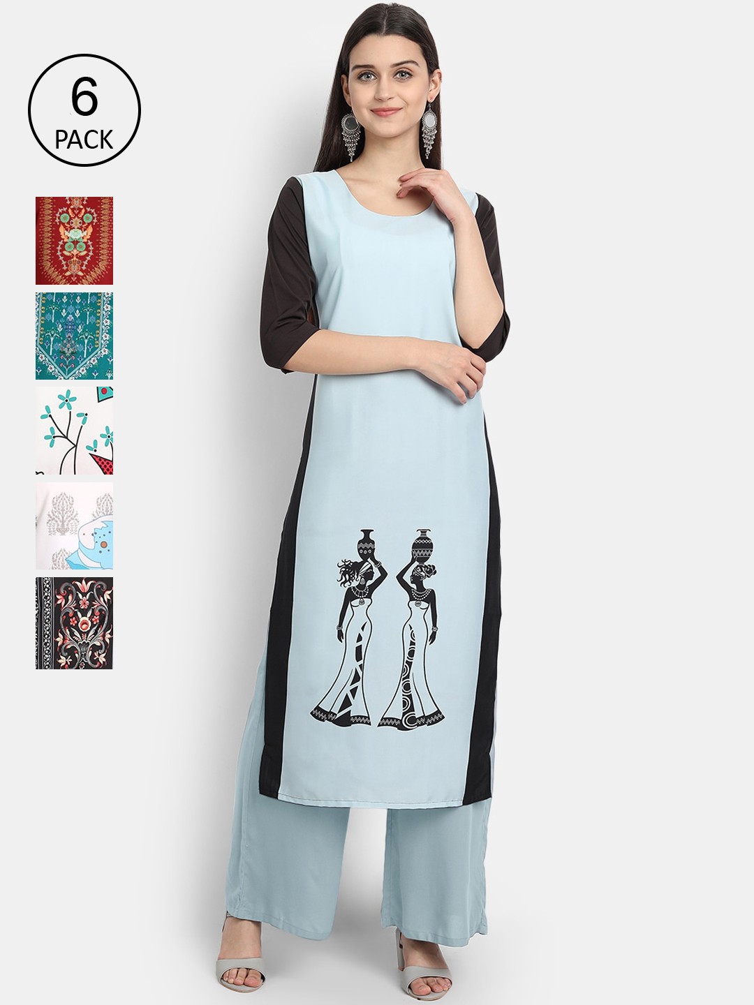 

Ethnic basket Women Multicoloured Set of 6 Ethnic Motifs Printed Crepe Kurta, Multi