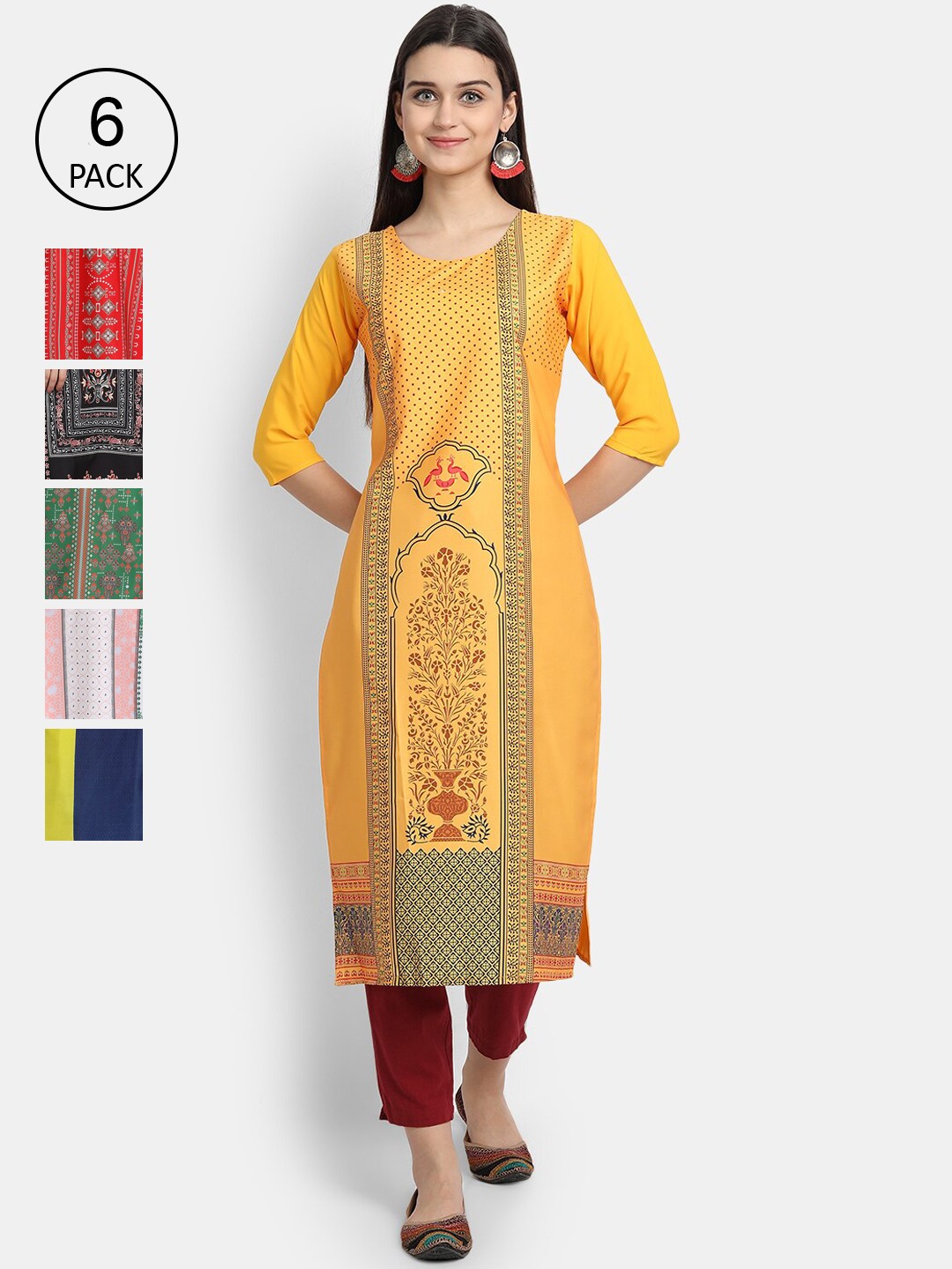 

Ethnic Basket Women Pack Of 6 Digital Print Straight Kurtas, Multi