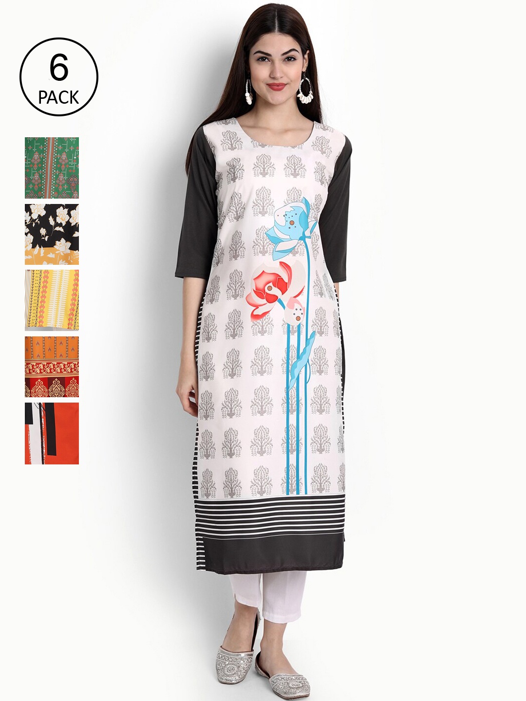 

Ethnic Basket Women Pack Of 6 Digital Print Straight Kurtas, Multi