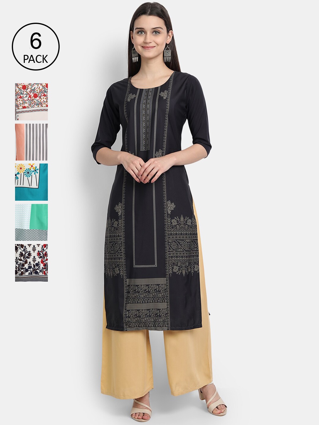 

Ethnic basket Women Pack Of 6 Ethnic Motifs Printed Crepe Kurta, Black