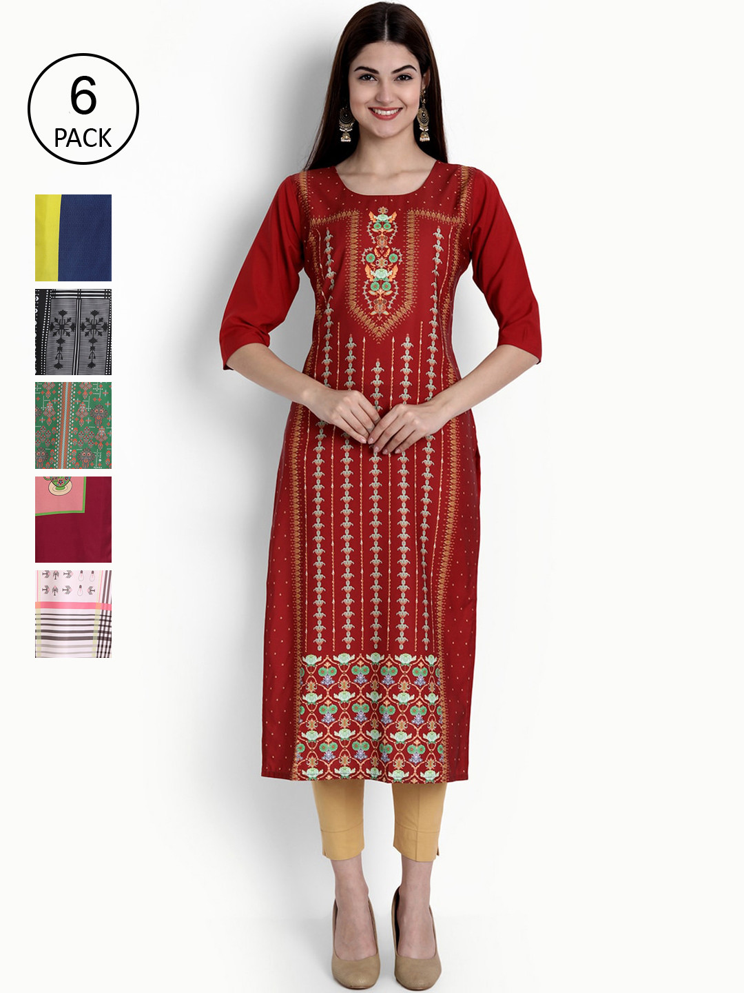 

Ethnic basket Women Multicoloured Set of 6 Ethnic Motifs Printed Crepe Kurta, Multi