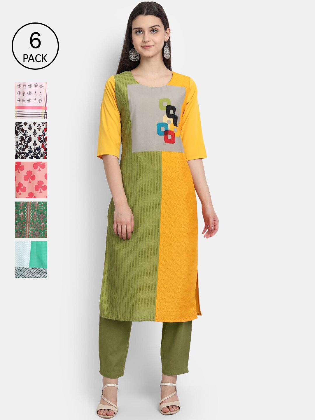 

Ethnic basket Women Pack Of 6 Ethnic Motifs Printed Crepe Kurta, Green