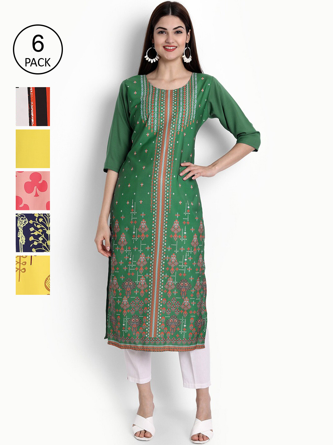 

Ethnic Basket Women Pack Of 6 Digital Print Straight Kurtas, Multi
