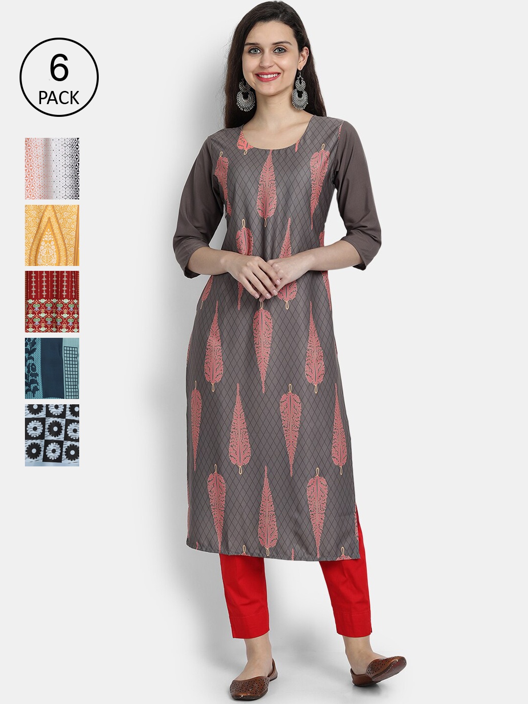 

Ethnic basket Women Pack of 6 Digital Printed Straight Kurtas, Grey