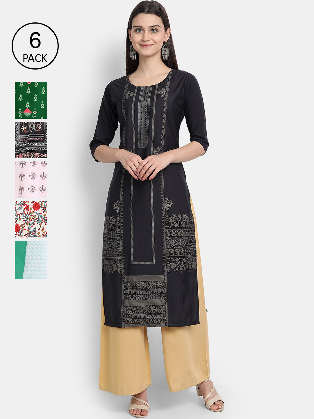 

Ethnic basket Women Pack of 6 Multicoloured Ethnic Motifs Printed Crepe Kurta, Multi