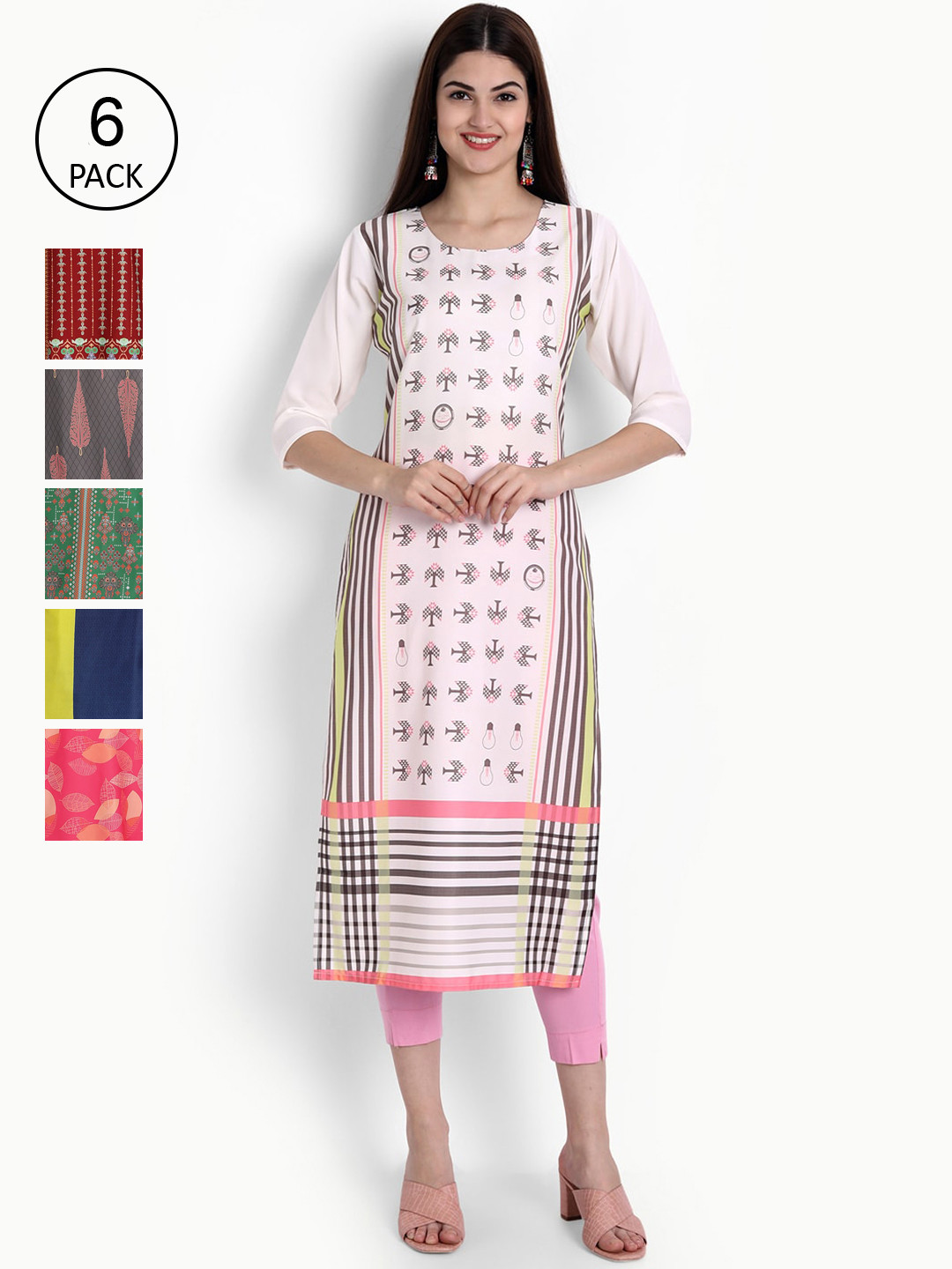 

Ethnic basket Women Pack of 6 Digital Printed Straight Kurtas, Pink