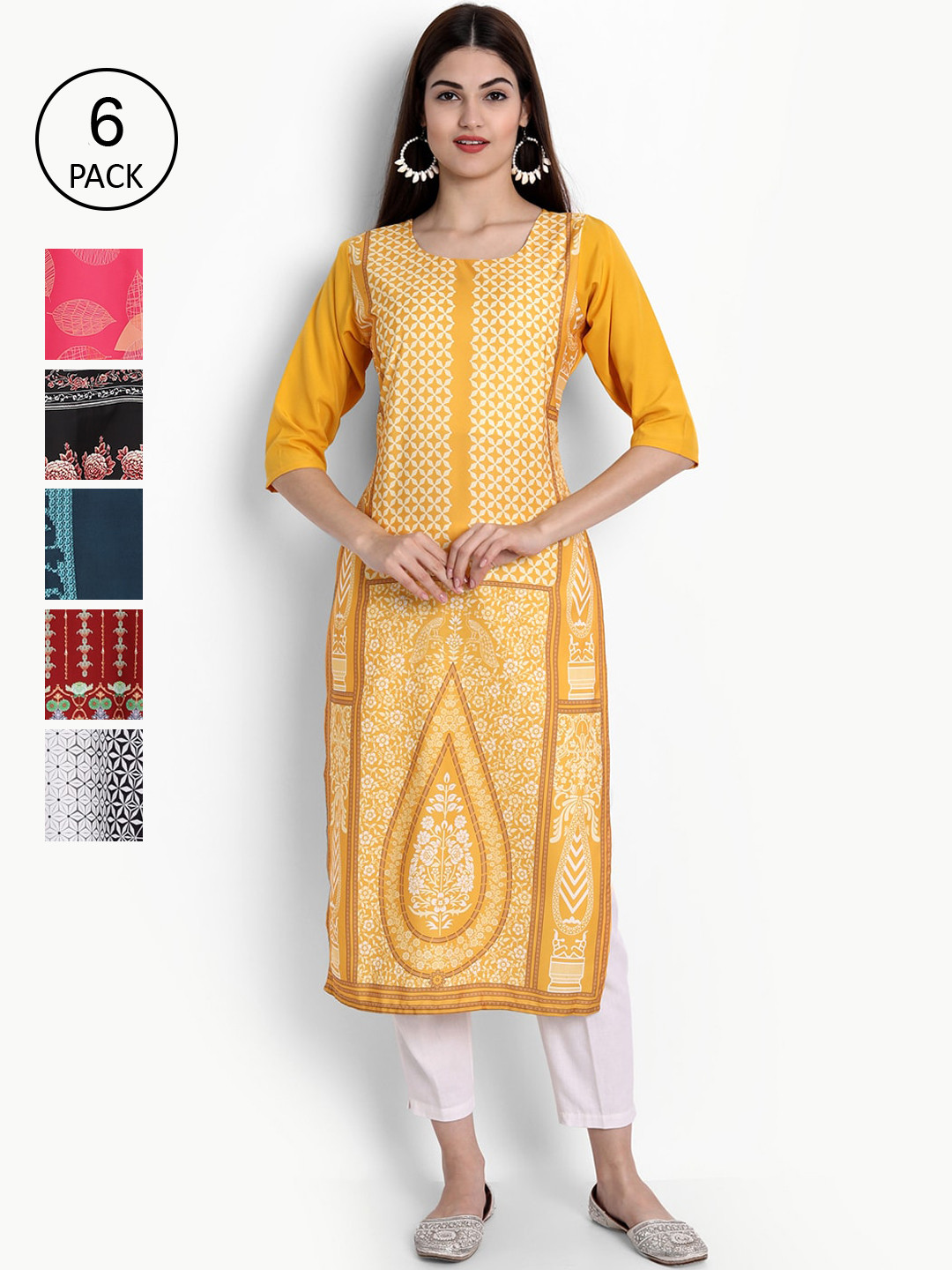 

Ethnic Basket Women Pack Of 6 Digital Print Straight Kurtas, Multi