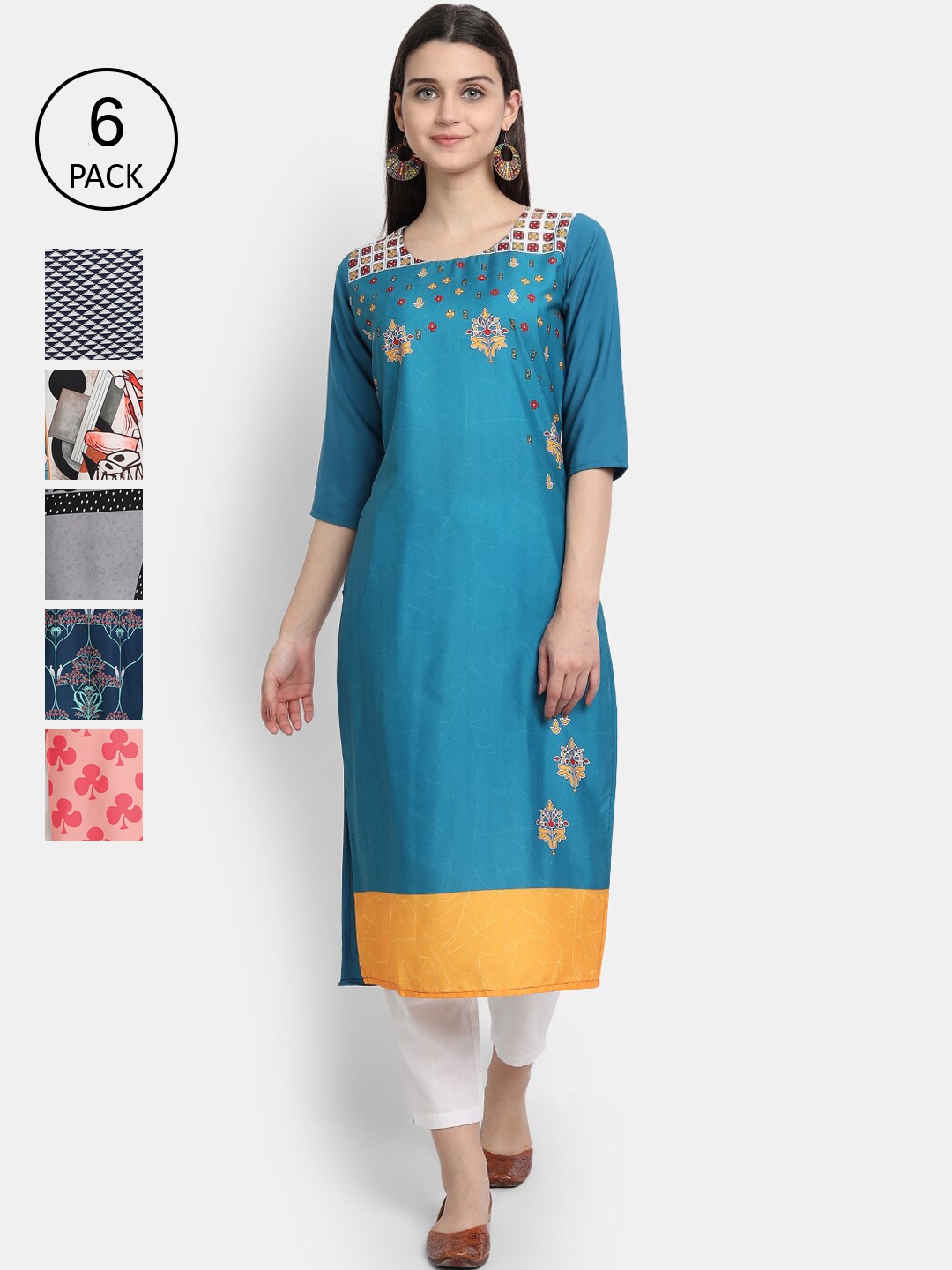

Ethnic basket Women Pack Of 6 Digital Print Straight Kurtas, Multi
