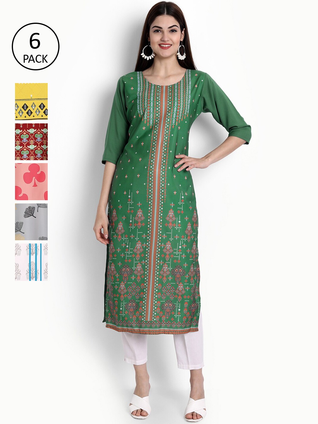 

Ethnic basket Women Pack of 6 Ethnic Motifs Printed Crepe Kurta, Green