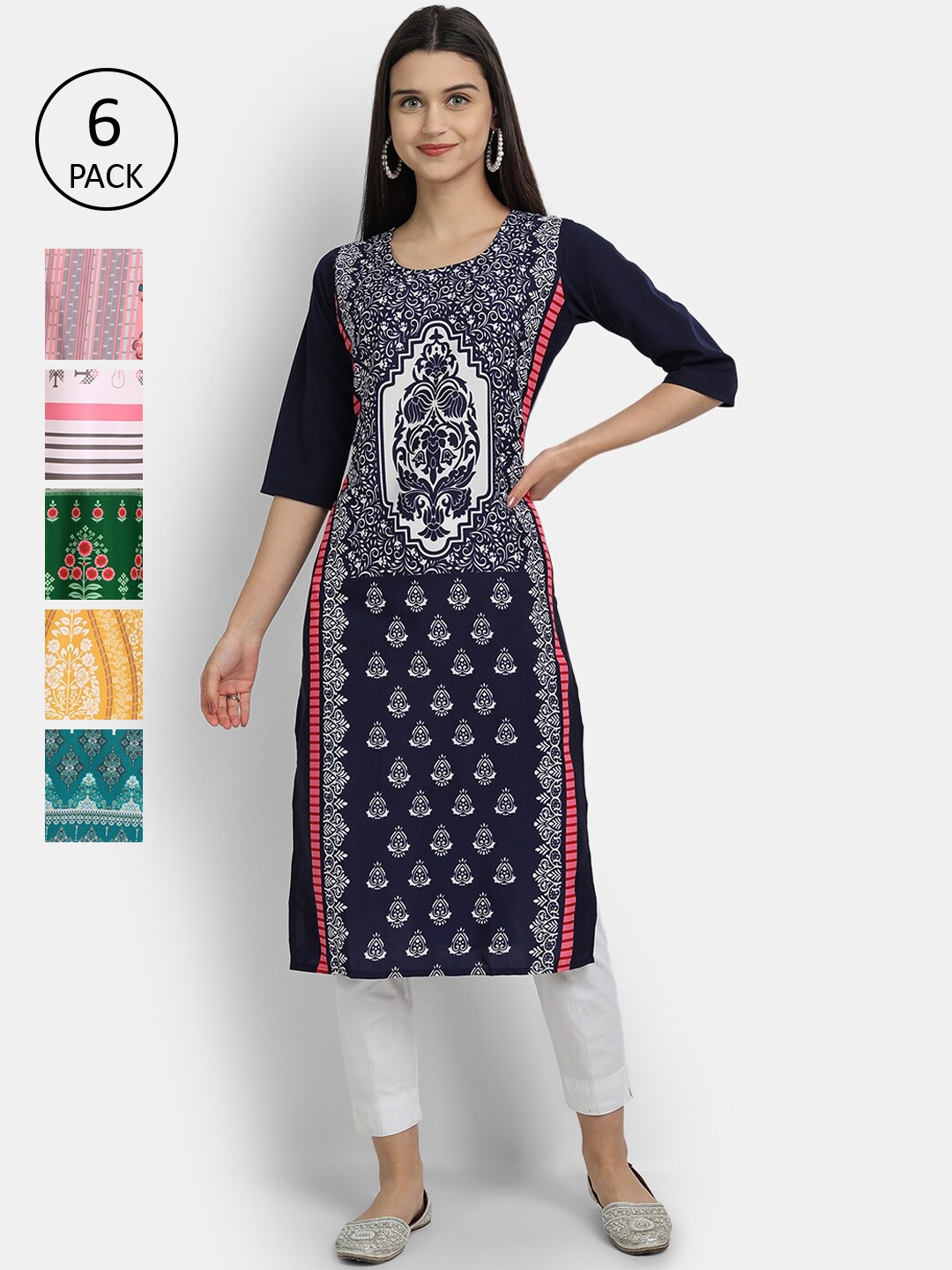 

Ethnic basket Women Multicoloured Pack Of 6 Ethnic Motifs Printed Crepe Kurta, Multi