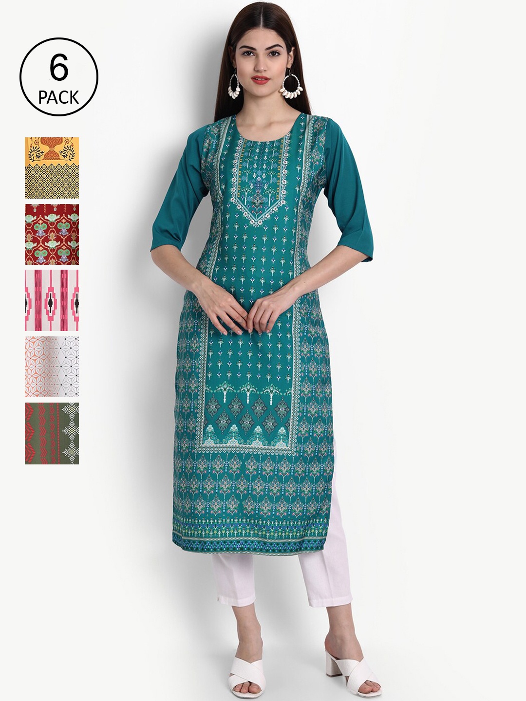 

Ethnic basket Women Pack of 6 Teal Blue & White Ethnic Motifs Printed Crepe Kurtas