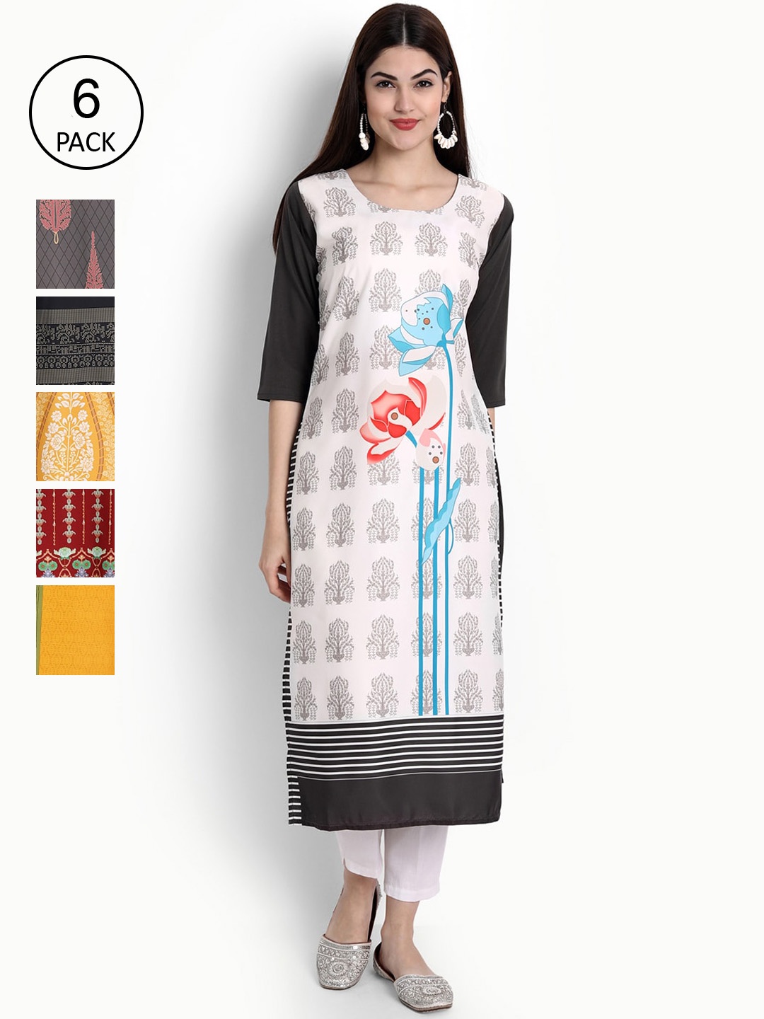 

Ethnic basket Women Multicoloured Set of 6 Ethnic Motifs Printed Crepe Kurta, Multi