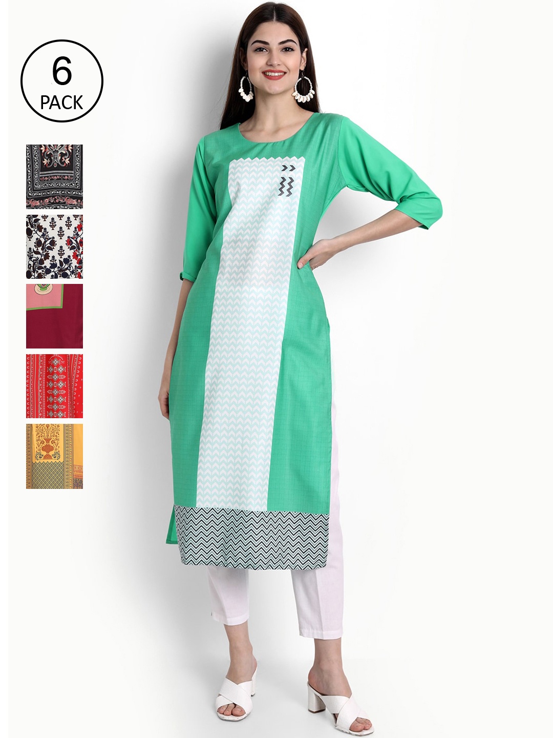 

Ethnic basket Women Pack Of 6 Digital Printed Crepe Kurta, Yellow