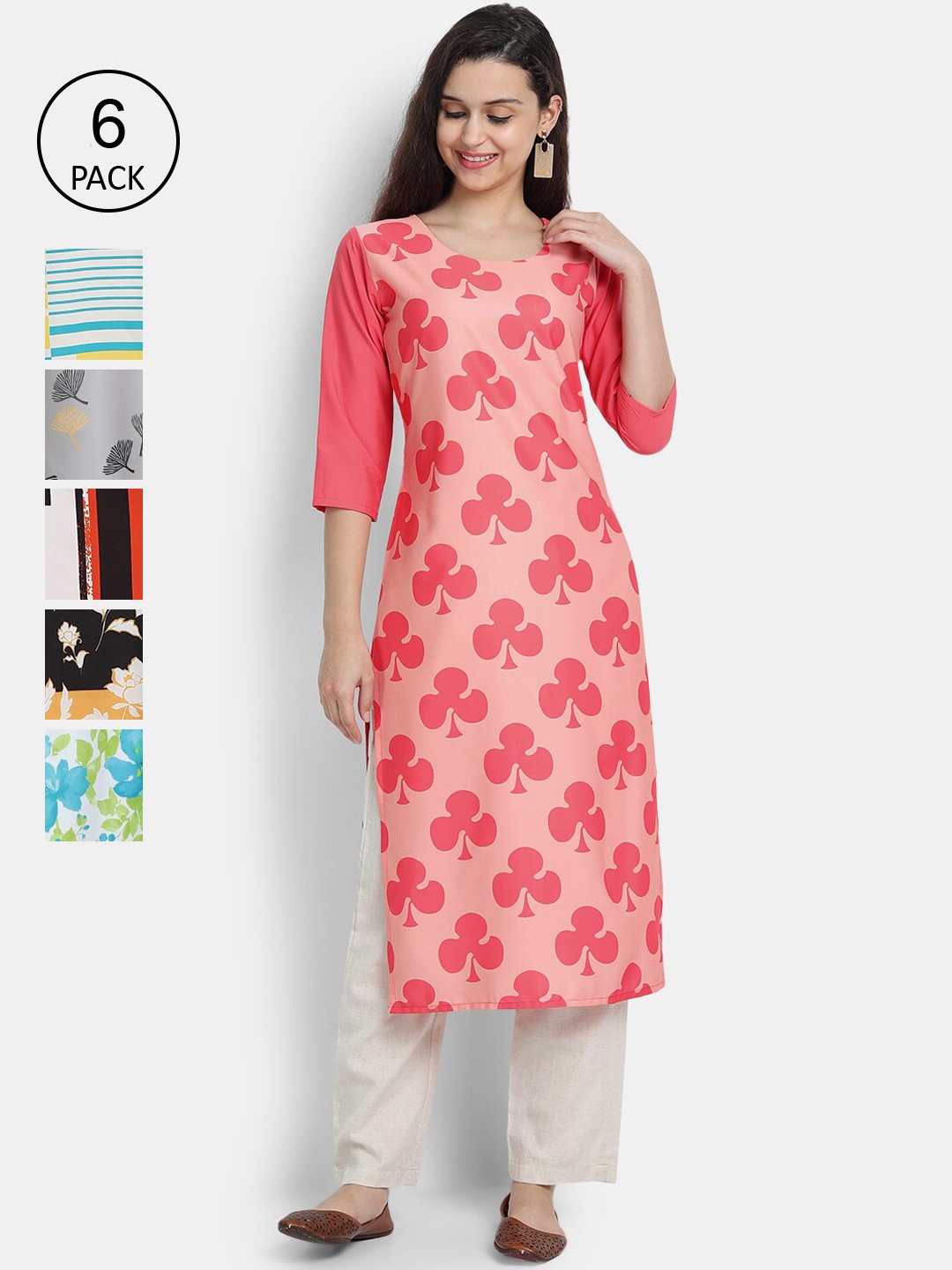 

Ethnic basket Women Pack of 6 Peach-Coloured & White Floral Printed Crepe Kurtas